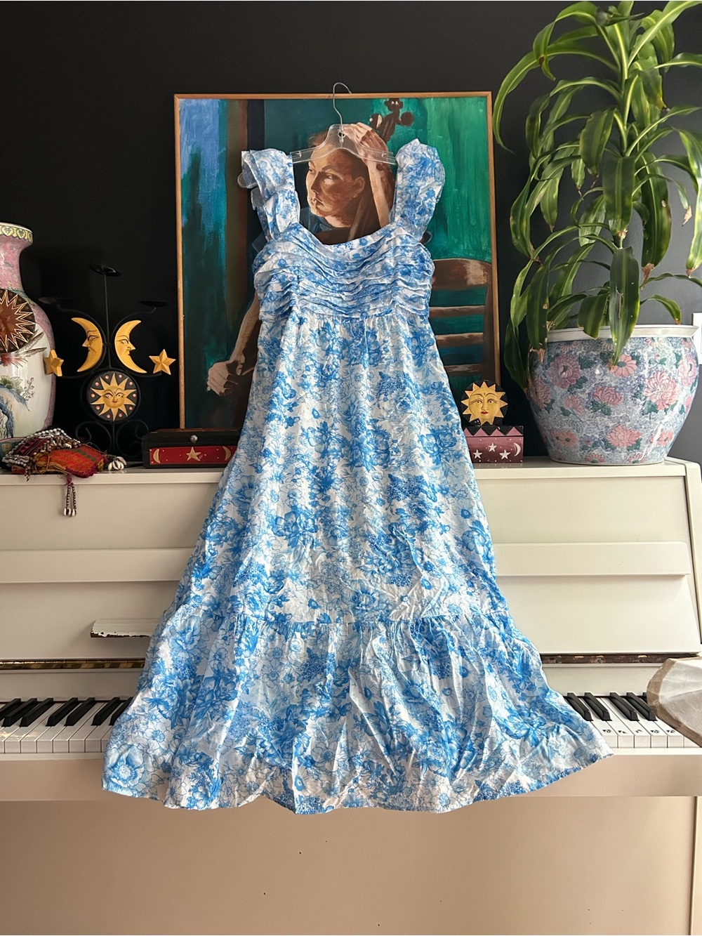 Blu Pepper Blue White Floral Maxi Dress Smocked Ruffle Cottagecore Women L